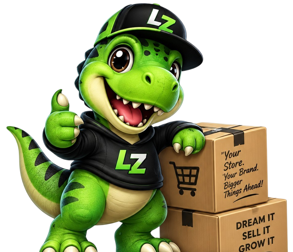 LittleZillas mascot giving a thumbs up beside shipping boxes