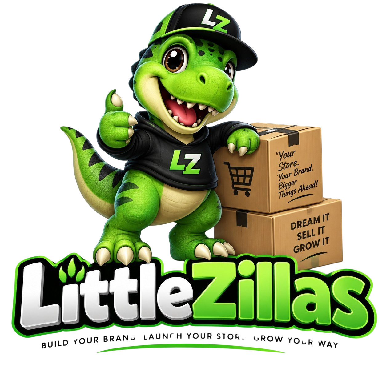 LittleZillas green T-rex mascot in an LZ hoodie beside shipping boxes and the LittleZillas logo